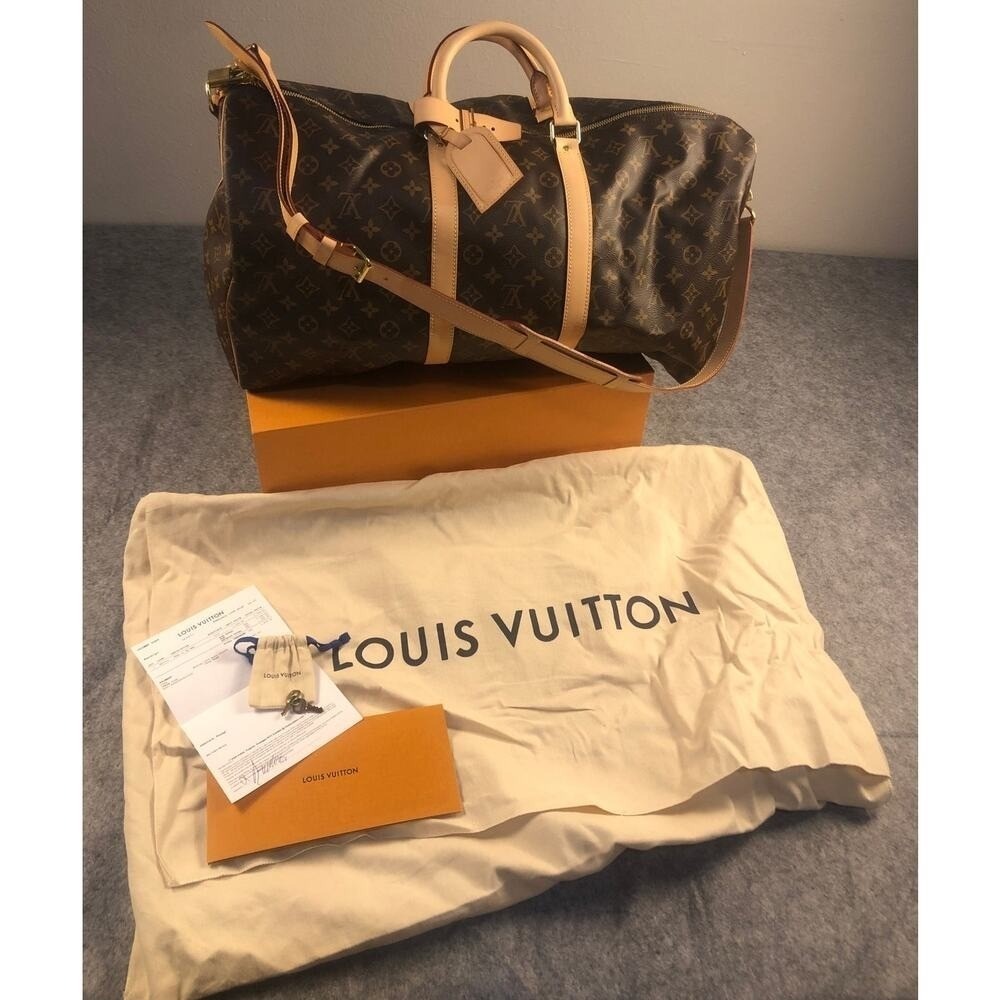 LOUIS VUITTON Monogram Keepall Bandouliere 55 Boston 41414 Box Cover Key Receipt